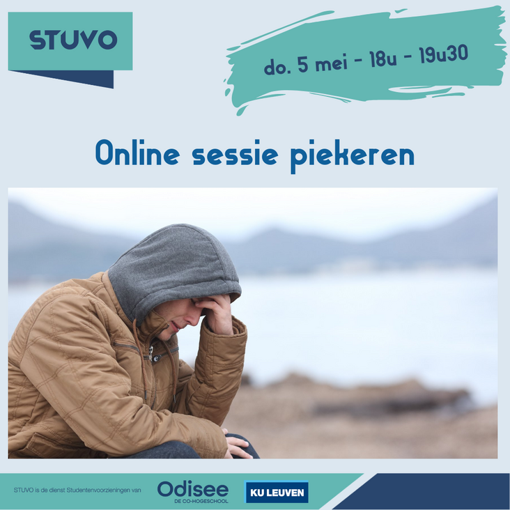 foto van man die piekert met als bijschrift "online sessie piekeren"