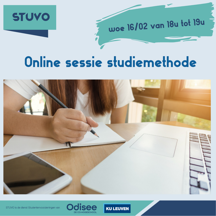 Foto met studerend meisje en bijschrift: "online sessie studiemethode" 