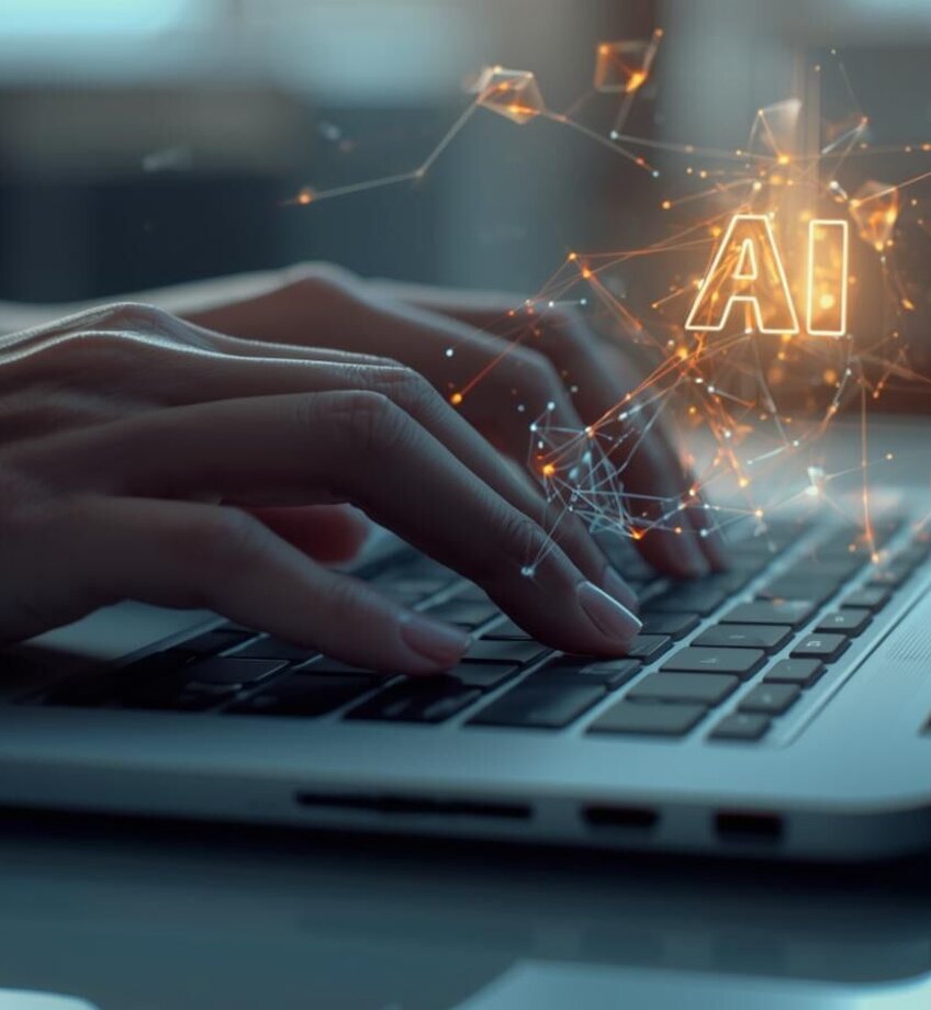 Hier zie je een afbeelding die AI symboliseert: handen die aan het schrijven zijn op de laptop met AI