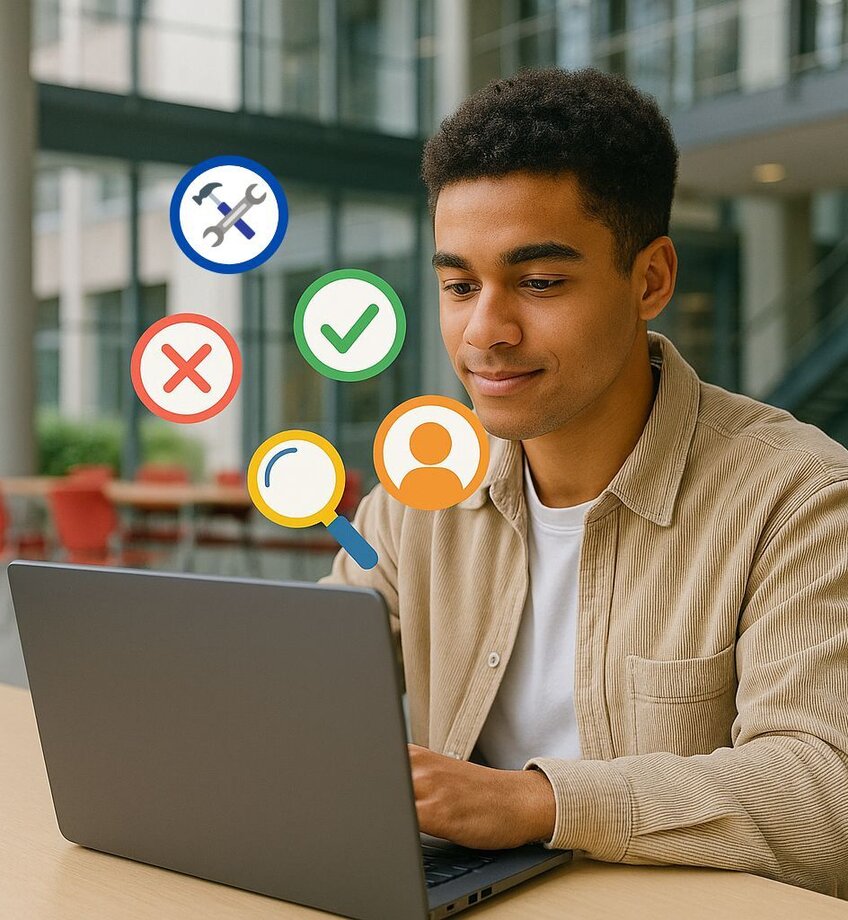 Hier zie je een studente die websites aan het opzoeken is op zijn laptop.