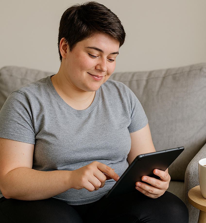 Een studente bekijkt apps op haar tablet