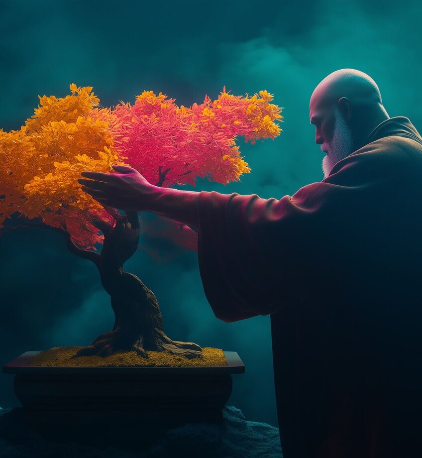 Een man in een donkere mantel verzorgt een bonsaiboom met oranje en roze bladeren.