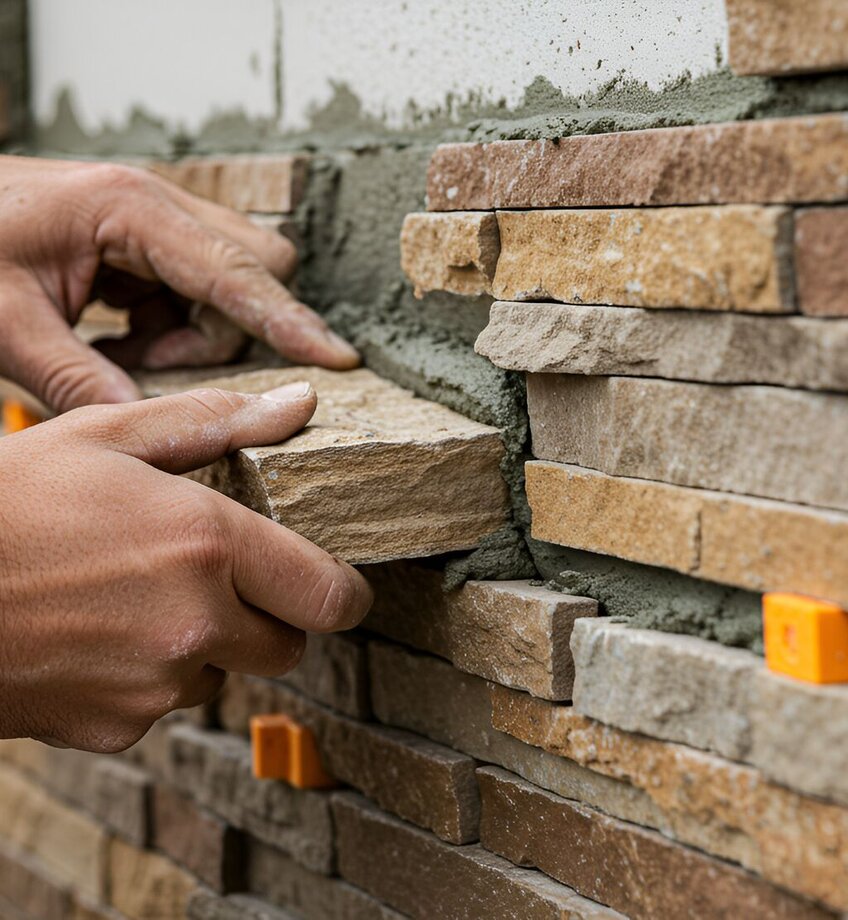 Worker installing stone wall facade