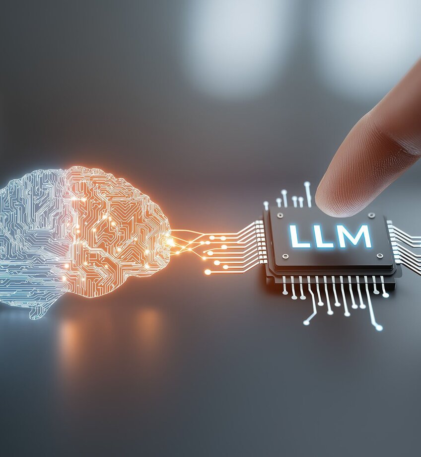 A hand connecting a human brain icon with an "LLM" processor chip icon