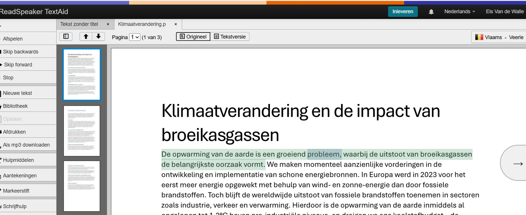 Screenshot TextAid voorleessoftware: voorlezen van tekst