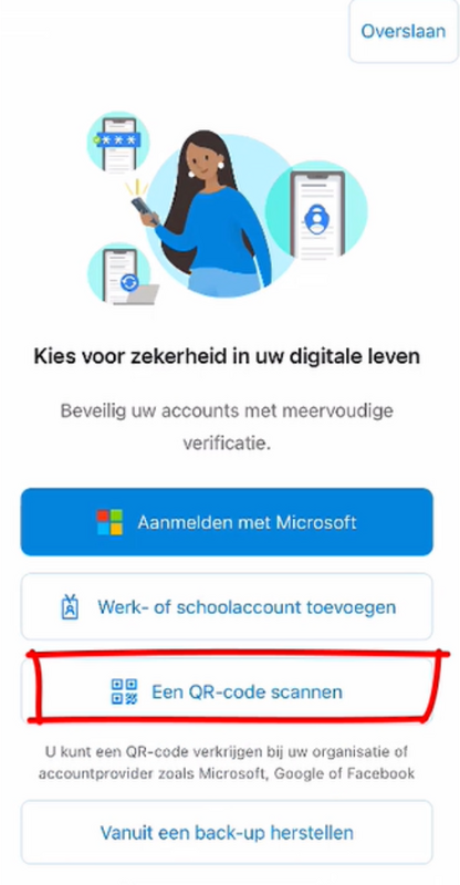 Afbeelding van Microsoft Authenticator-app waarbij de knop "Een QR-code scannen" aangeduid wordt.