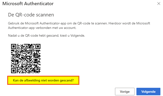 Afbeelding van QR-code met daaronder een knop "Kan de afbeelding niet worden gescand?"