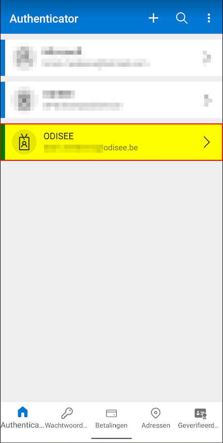 Overzicht van accounts in de app. Odisee-account wordt gemarkeerd aangeduid.