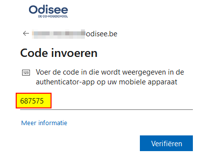 Afbeelding van loginscherm waarbij de eenmalige wachtwoordcode ingevuld staat.