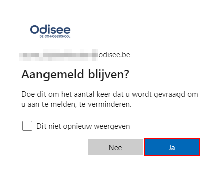 Loginpagina die vraagt "Aangemeld blijven?". De knop "Ja" werd gemarkeerd.