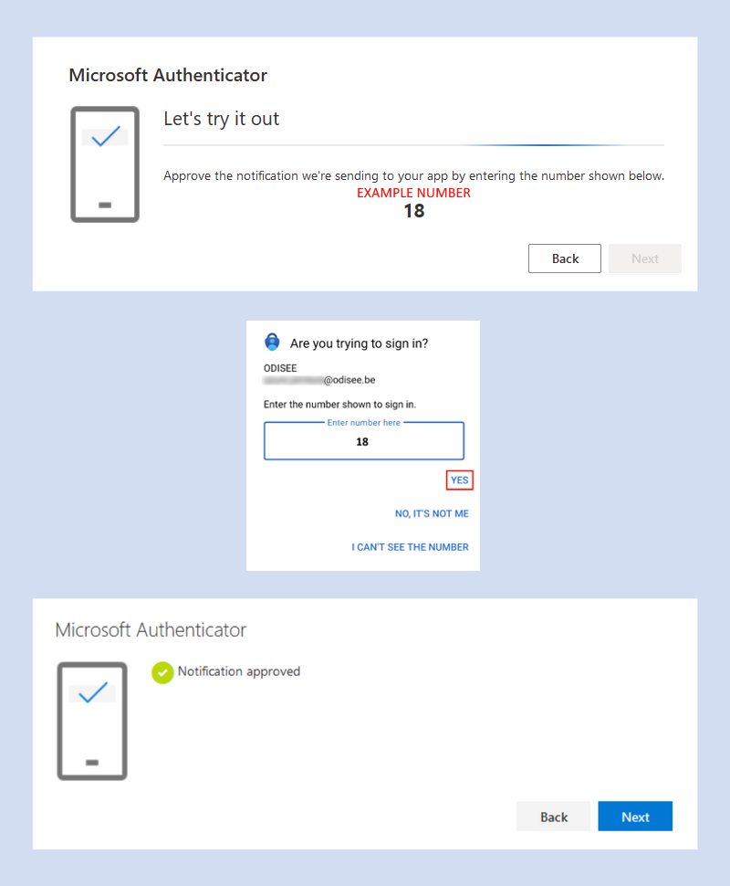 Drie afbeeldingen. 1 - Webpagina die zegt dat je de notificatie dient goed te keuren aan de hand van een nummer, gevolgd met het in te geven nummer. 2 - Smartphone pop-up waar je het cijfer dient in te geven en op 'yes' drukt. 3 - Webpagina die toont dat de notificatie goedgekeurd werd.