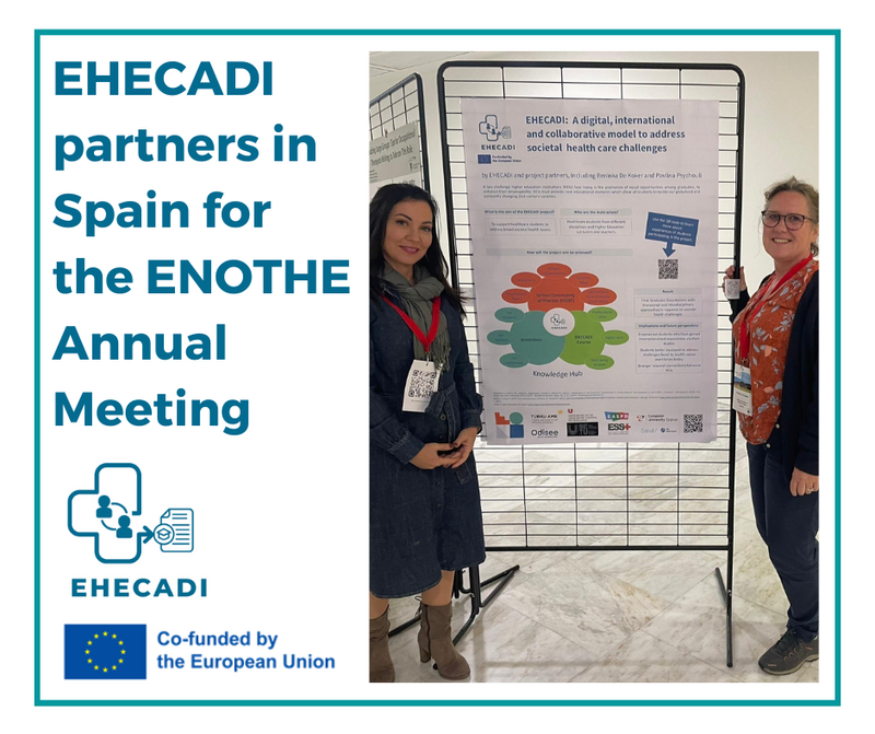 Image of two women are smiling for the camera, standing on either side of an EHECADI poster