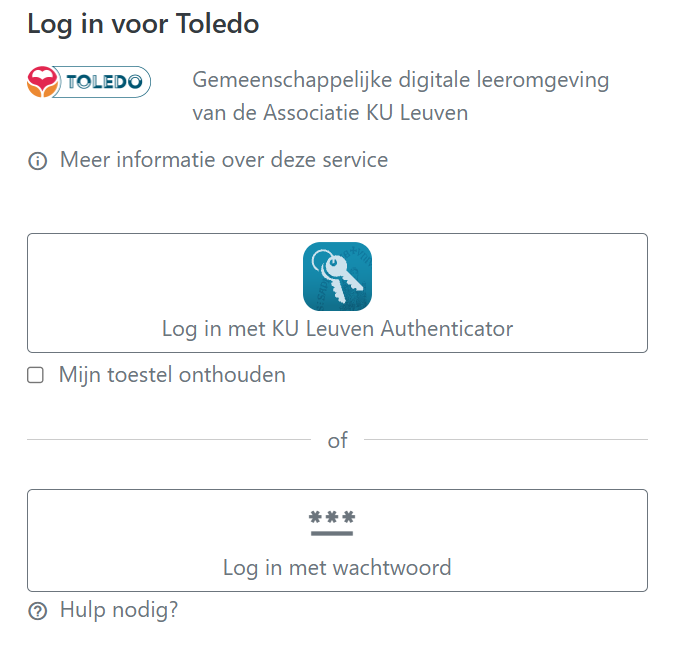 Het centrale loginscherm van de associatie KU Leuven