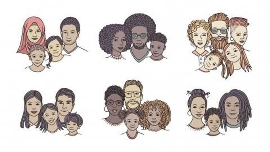 tekening van diverse gekleurde gezinnen